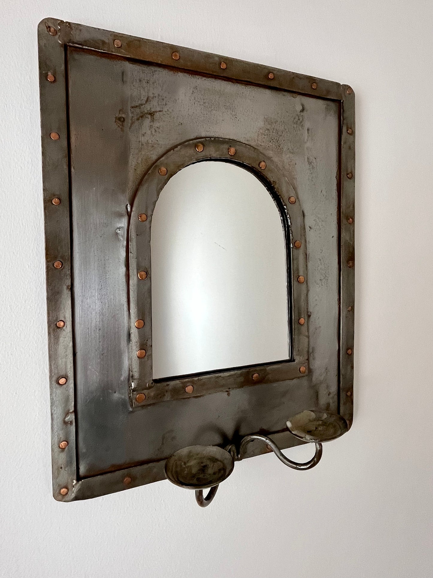 RIVETED METAL MIRROR SCONCE